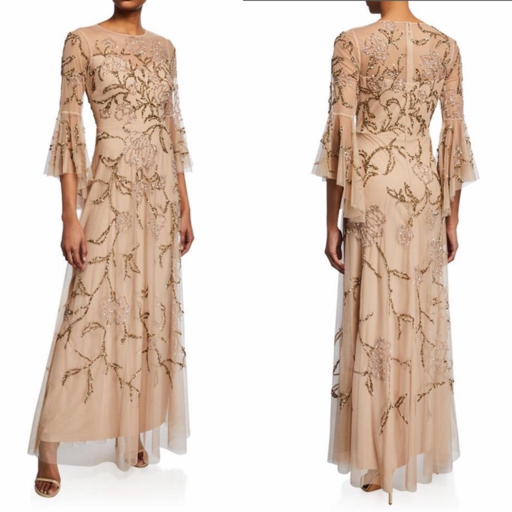 Aidan Mattox beaded gold 3/4 ruffle bell sleeve long gown